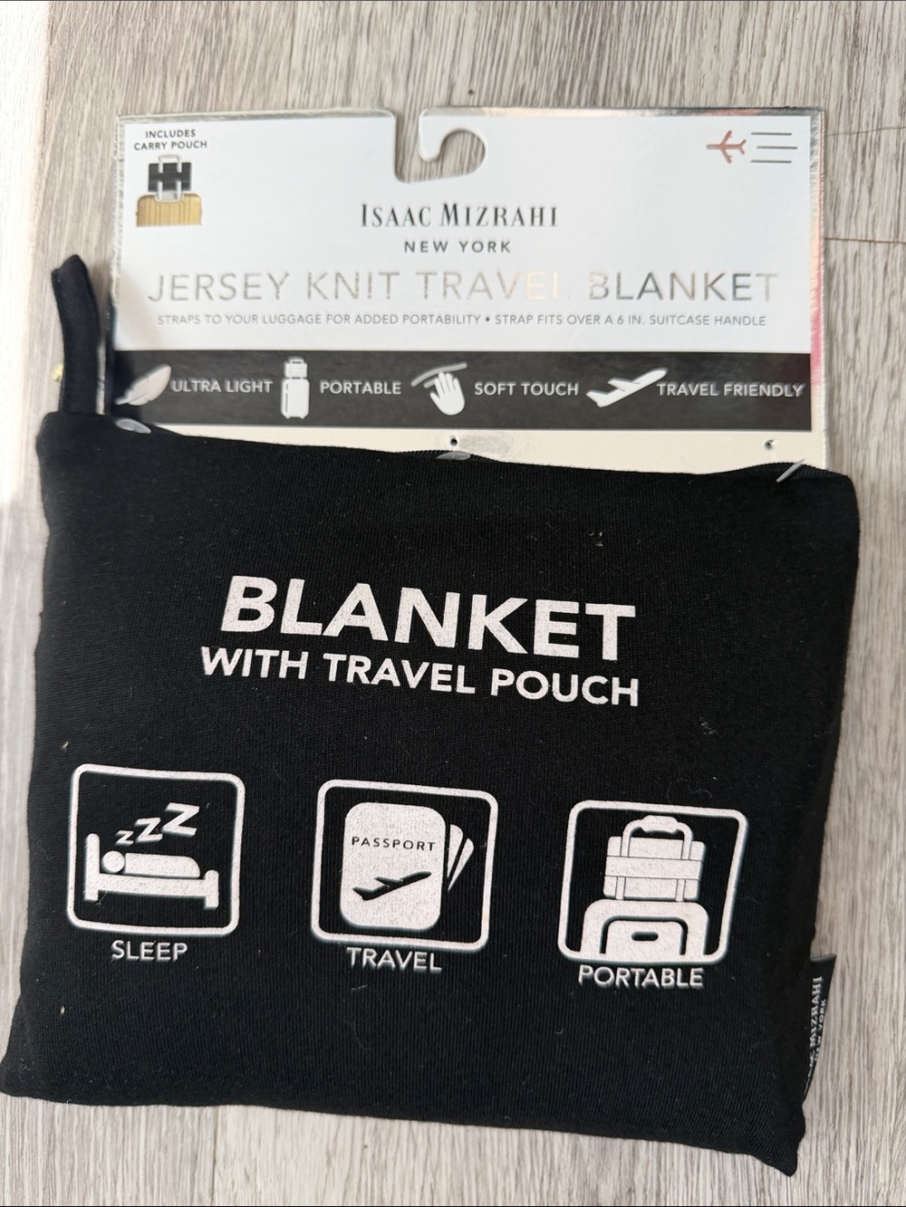 NWT Isaac Mizrahi Black Jersey Travel Blanket with Carry Pouch
